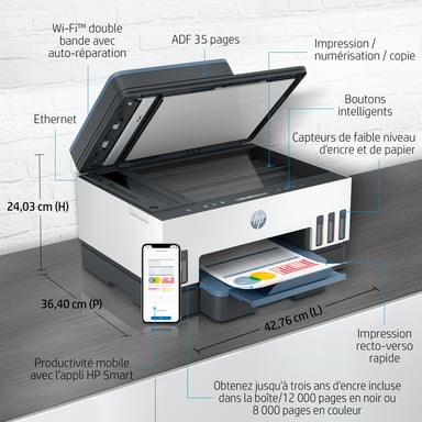 HP Smart Tank Imprimante Tout-en-un 7306, Impression, numérisation, copie, chargeur automatique de documents, sans fil, Chargeur automatique de documents de 35 pages, Numérisation vers PDF, Impression recto-verso