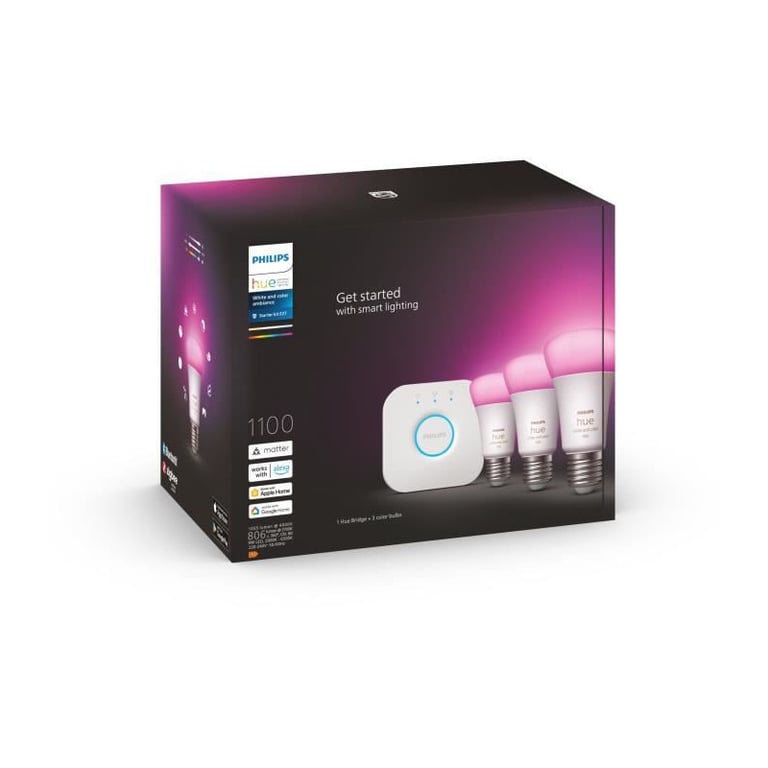 Kit de démarrage Philips Hue White and Color Ambiance 3 ampoules E27, 75W, Bluetooth, compatible avec Alexa, Google et Homekit - Neuf