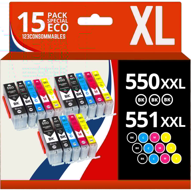 123CONSOMMABLES PGI550CLI551 Cartouches encre compatible avec Canon 550 551 pour Pixma MX925 iP7200 iP7250 MG5650 MG7550 MG6350 MG6650 MX725 MX920 2 / 1 Cyan / 1 / 1 Jaune Neuf - vue 2