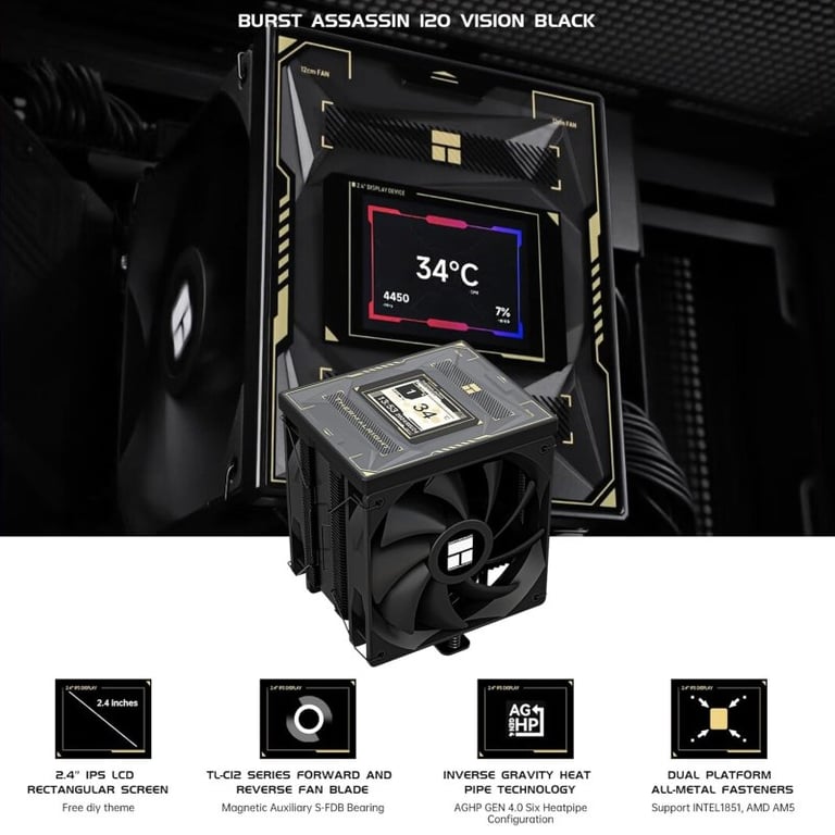 Thermalright Burst Assassin 120 Vision noir – ventirad CPU, 120 mm, 2 ventilateurs, écran IPS - Neuf