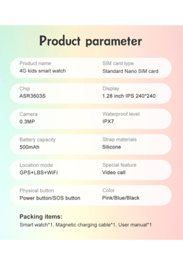 Montre intelligente pour enfants Valdus D36, écran IPS 1,28 pouces, 500 mAh, SOS, rose