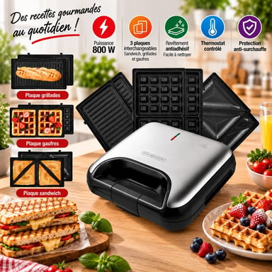 Kitchencook - Appareil à Sandwich 3en1 - 800w - Revêtement Antiadhésif - Plaque(21,6x12cm) - Contrôle Thermostat - Noir