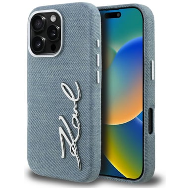 Custodia Karl Lagerfeld FW Jeans Signature Logo per iPhone 16 Pro Max, blu