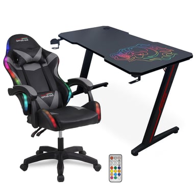 Amstrad Pack Bureau DESK120Z-SKRAIN & fauteuil gamer 900-LED-BK - 1m20 - Design carbone et logo ''tête de mort'' arc-en-ciel