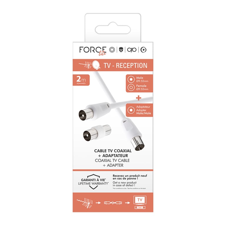 Câble TV Coaxial 9.52mm Coudé MâleFemelle 2m avec Adaptateur MâleMâle Neuf - vue 5