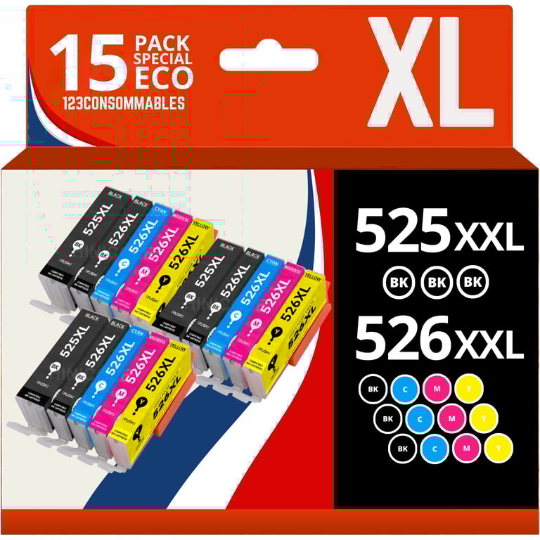 123CONSOMMABLES PGI525 CLI526 Cartouches d'encre compatible avec Canon 525 526 pour PIXMA MG5150 MG5350 MG6150 IX6550 MX715 MX885 MX895 IP4850 IP4950 IP6550 4 / 2 Cyan / 2 / 2 Jaune Neuf - vue 5