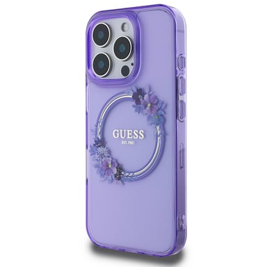 Étui Guess pour iPhone 16 Pro 6.3'' violet étui rigide  IML Flowers Wreath MagSafe