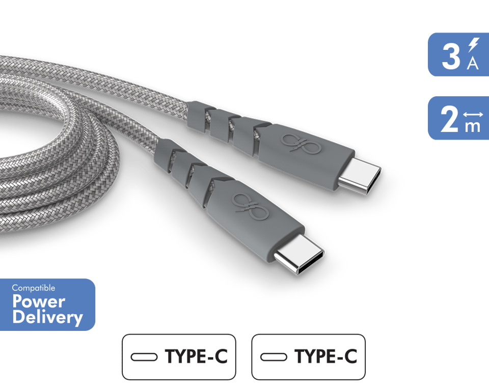Câble Ultra-renforcé USB C/USB C 2m 3A Garanti à vie Gris - 100% Plastique  recyclé Force Power - Force Power