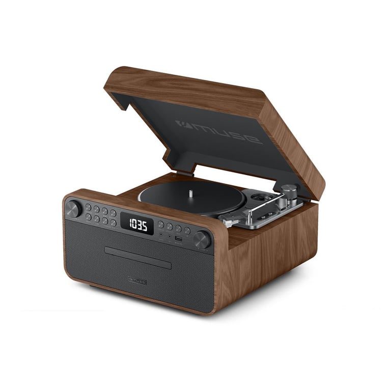 Chaîne micro Muse MT-118 AT avec platine vinyle, lecteur CD, Bluetooth, radio FM et enceintes 25 W Marron/Gris - Neuf