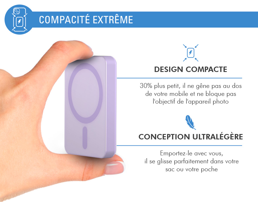 Powerbank sans fil MagSafe 5000mAh 1 port USB C 15W Qi Métal Violet + Garantie à vie Force Power - Neuf