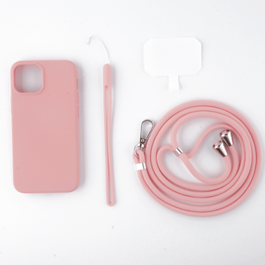 Custodia in silicone rosa pop per Apple iPhone 14 Plus - Fascia da collo e braccialetto inclusi