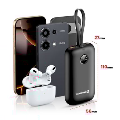 Swissten Batería Externa 10000mAh Cables USB-C y Lightning Pantalla LED Negro