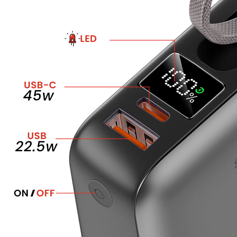 Batterie Externe 20000mAh avec Câble USB C intégré Ports USB C USB Neuf - vue 2