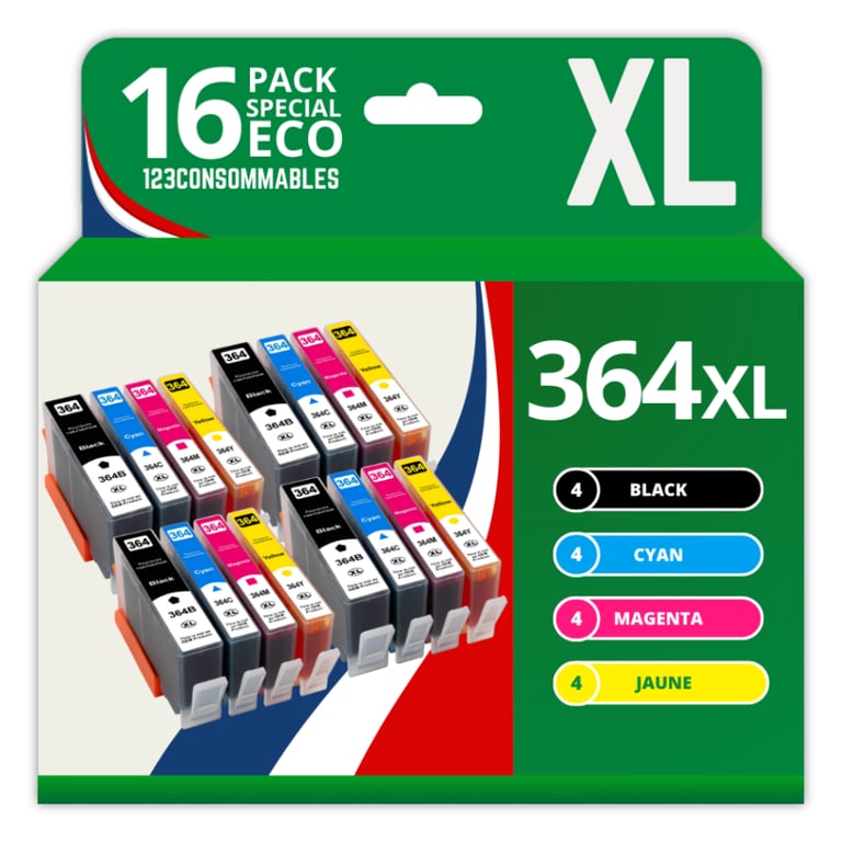 123CONSOMMABLES 364XL Cartouche compatible avec HP 364 d'encre Grande Capacité pour Photosmart 5510 5512 5515 5520 6510 6520 B110a B109a Deskjet 3520 Officejet 4620 4622 Pack de 16 Neuf