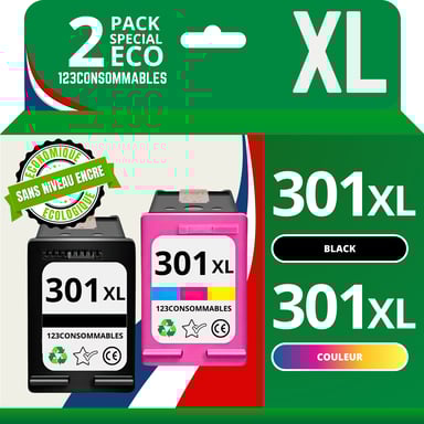 123CONSOMMABLES - 301XL - Pack 2 cartouches compatibles HP 301 XL - noir et couleurs - sans puce