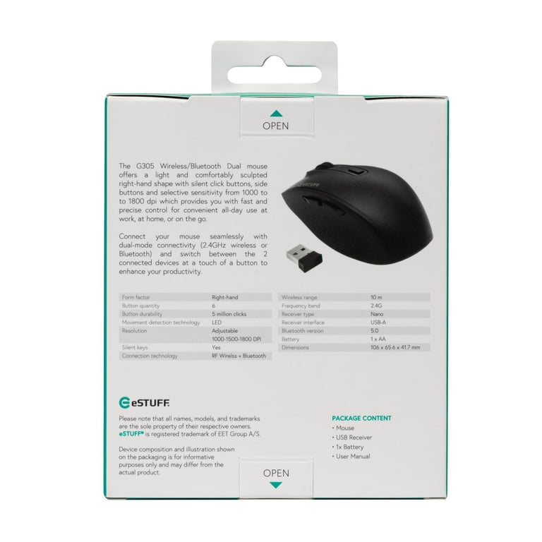eSTUFF GLB214002 Bureau Droitier RF sans fil + Bluetooth IR LED 1800 DPI Neuf - vue 3