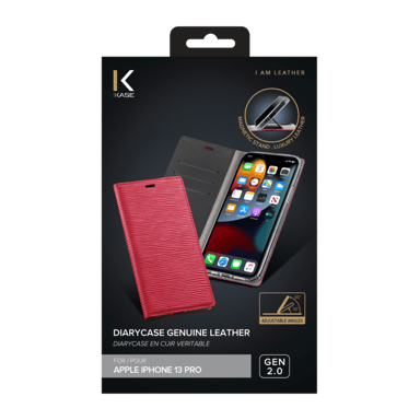 Diarycase 2.0 Coque clapet en cuir véritable avec support aimanté pour Apple iPhone 13 Pro, Rouge Bordeaux