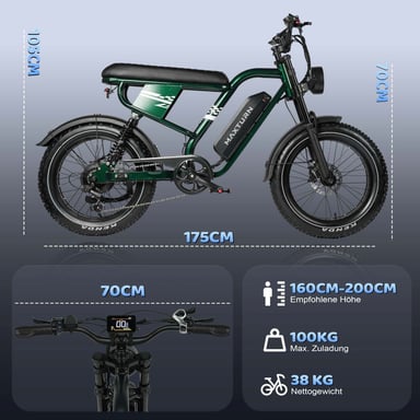 Bicicleta de montaña eléctrica MAXTURN MX10 con batería de 48 V y 13,5 Ah, Shimano de 7 velocidades - Verde