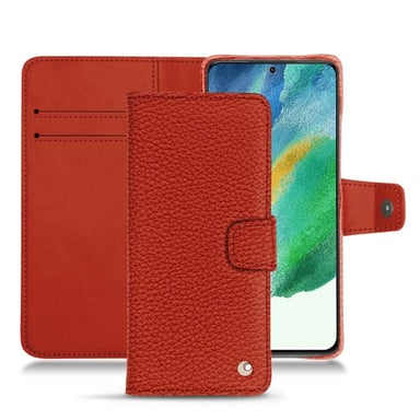 Funda de piel Samsung Galaxy S21 FE - Solapa billetera - Naranja - Piel granulada