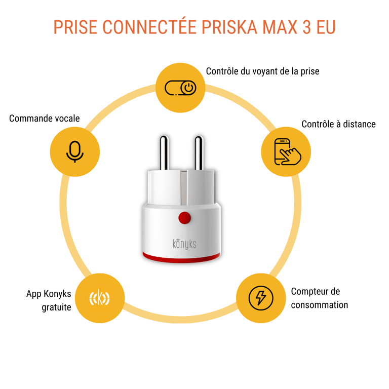 Prise connectée - KONYKS - Priska - Max 3 EU - Wifi + Bt - 16 A - Compteur de consommation - Compatible Alexa / Google Home