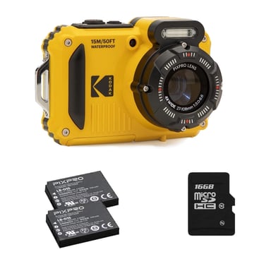 KODAK Pixpro Pack WPZ2 + 2 Batteries + 1 carte SD - Compact 16M Pixels, étanche à 15m,  Anti-Choc, Video 720p, Ecran LCD 2,7 - Batterie Li-ion - Jaune