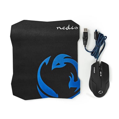 Nedis Pack de ratón con cable de 6 botones y 1600 ppp y alfombrilla antideslizante Negro