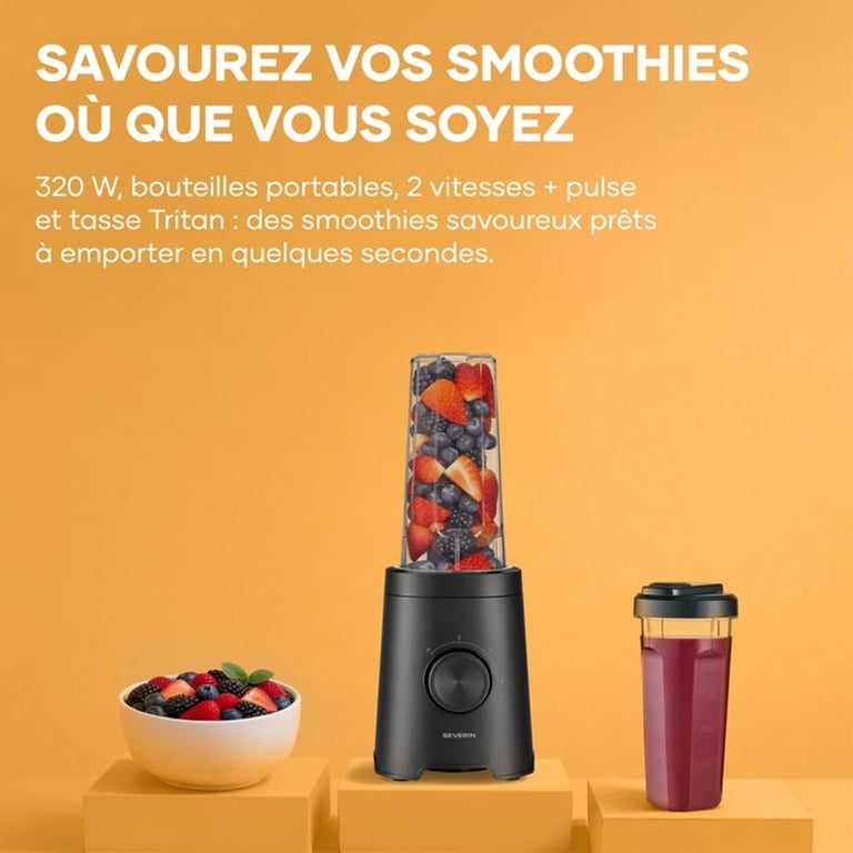 Blender SEVERIN SM3753 Mix & Go 2 gourdes de 600 ml 2 vitesses 4 lames aiguisées - vue 3