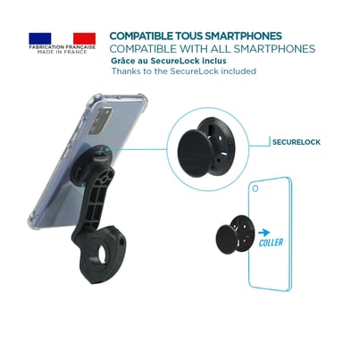 Porta smartphone per moto, porta telefono universale per scooter Made in France, rotazione a 360°, regolabile su tutti i manubri, nero