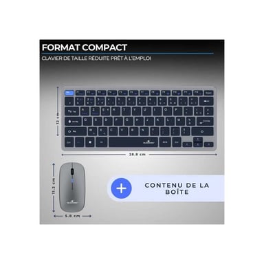 Ensemble sans fil BLUESTORK Pack Mini Clavier AZERTY compact + Souris ambidextre DPI 800/1600 Bluetooth & Dongle 2,4 GHz Gris/Noir