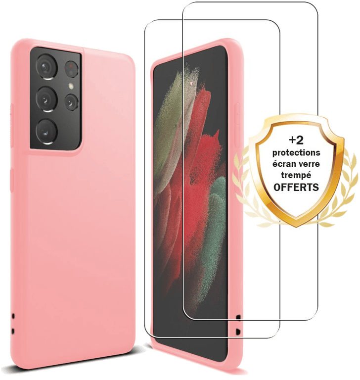 Evetane Coque Samsung Galaxy S21 Ultra 5G Silicone liquide Rose + 2 Vitres en Verre trempé Protectio