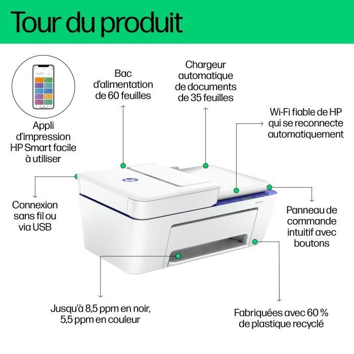 Imprimante tout-en-un HP Deskjet 4230e Jet d'encre couleur Copie Scan - 3 mois d'Instant ink inclus avec HP+ - Excellent état
