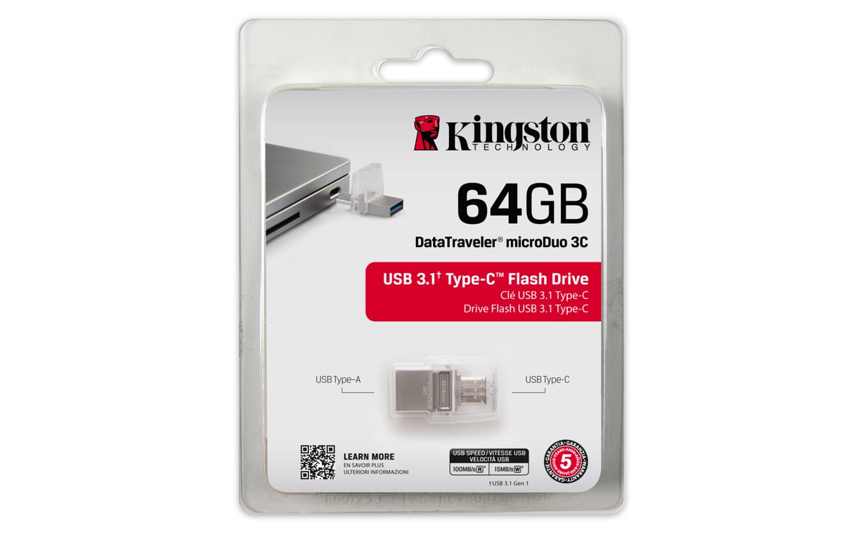 Kingston Technology DataTraveler microDuo 3C 64GB lecteur USB flash 64 Go USB Type-A / USB Type-C 3.2 Gen 1 (3.1 Gen 1) Noir - Neuf