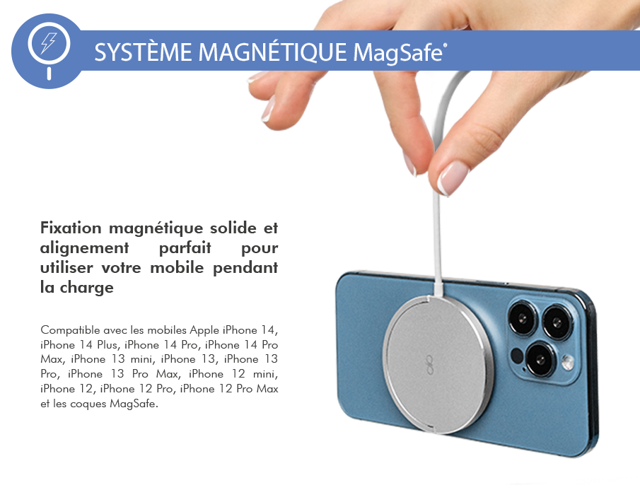 Chargeur induction Fonction Stand Compatible MagSafe 15W Garanti à vie  Argent avec chargeur Force Power