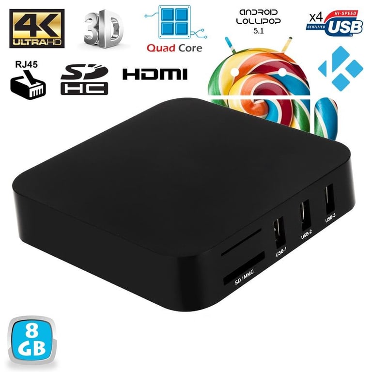 Android Tv Box Kodi Média Player 4K Smart Tv 3D Mini Pc Wifi Quad Core 8Go  Noir YONIS - Yonis