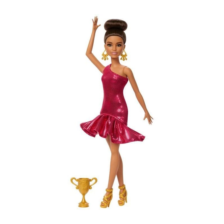 Barbie Poupée Danseuse de Salon et Accessoires avec robe à volants chaussures de danse cheveux coiffés bruns et accessoire trophée de danse JFR09 - vue 9