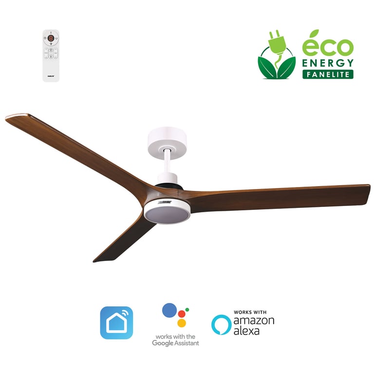 Fanelite - Ventilateur de plafond 142 cm blanc et bois ARUBA - Moteur DC 35W - LED 20W dimmable 3 couleurs - Wifi - Silencieux - Neuf