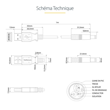 StarTech.com Cable Adaptador 1m USB A Macho a Conector Coaxial Barrel Alimentación Corriente Tipo N 5,5mm 5V DC