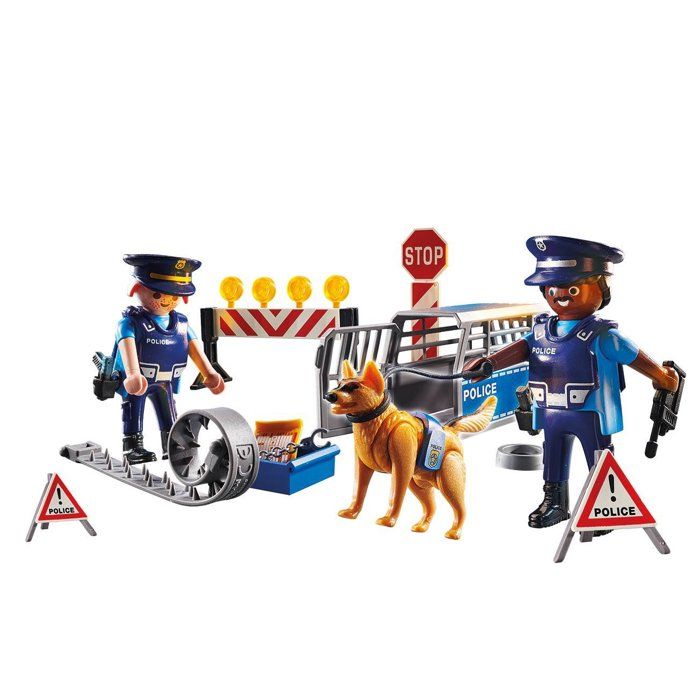 Playmobil 6878 Barrage de Police City Action Comprend Deux policiers avec Leur équipement Un Chien Une Cage Trois plots et des Accessoires Dès - vue 7