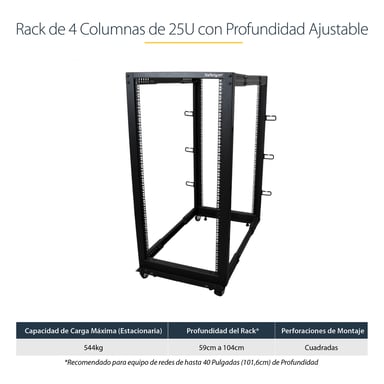 StarTech.com Rack Serveur Mobile 25U 4 Poteaux, Rack Réseau 19'' 4 Poteaux avec Roulettes, Rack Roulant avec Profondeur Ajustable pour PC/AV/Données/Informatique - Roulettes, Pieds de nivellement ou Fixation au Sol