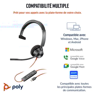 Poly Micro-casque Blackwire 3310 monaural USB-C certifié Microsoft Teams + adaptateur USB-C/A
