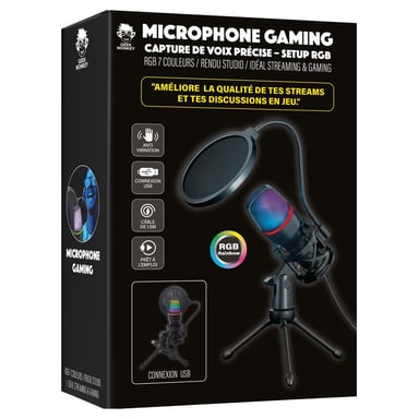 Micro gaming USB Geek Monkeys GM409 avec éclairage RGB, filtre anti-pop, support anti-vibrations et trépied noir