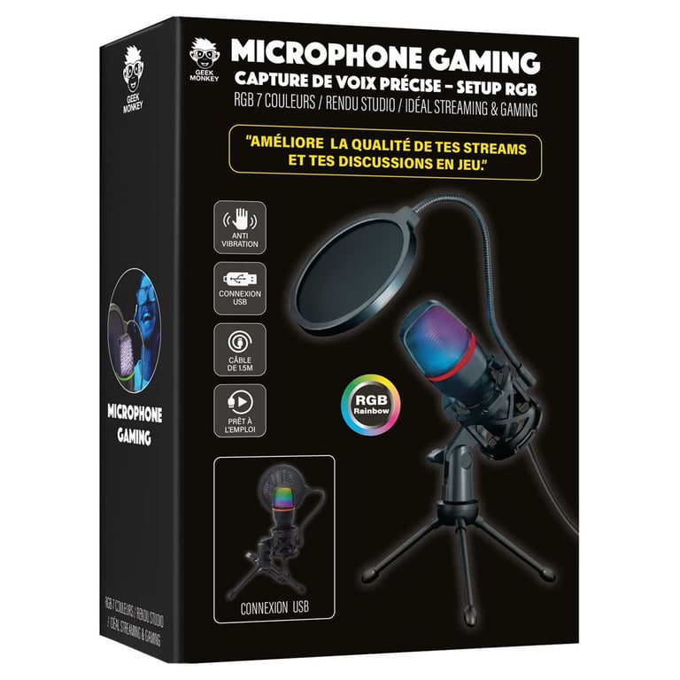 Micro gaming USB Geek Monkeys GM409 avec éclairage RGB, filtre anti-pop, support anti-vibrations et trépied noir - Neuf