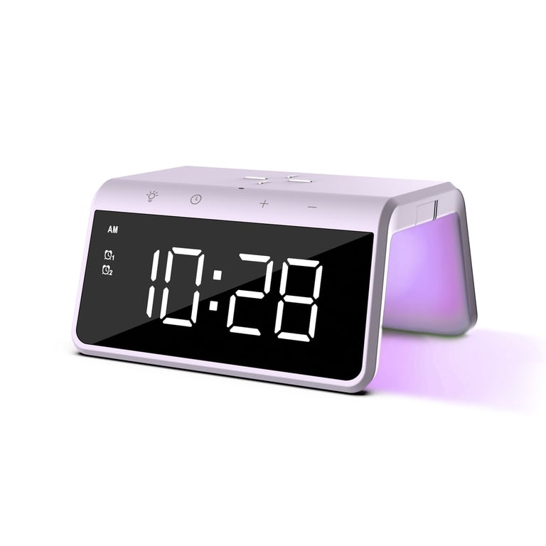 Réveil numérique - Réveil avec charge sans fil - Horloge numérique - Variateur de luminosité - Deux alarmes - Convient comme réveil pour enfants - Veilleuse à 8 couleurs - Couleur violette (HCG019QI-PU)