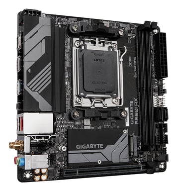 GIGABYTE B650I AX Carte mère - AMD Ryzen série 9000, VRM 5+2+1 phases, jusqu'à 6400 MHz DDR5 (OC), 1xPCIe 4.0 M.2, LAN 2,5 GbE, WIFI 6E, USB 3.2 Gen 2