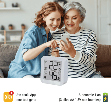 Konyks Termo 2, Termómetro e higrómetro con conexión Wi-Fi, Pantalla grande, Lectura a distancia, Activa otros dispositivos Konyks en función de las mediciones, Compatible con Alexa y Google Home.