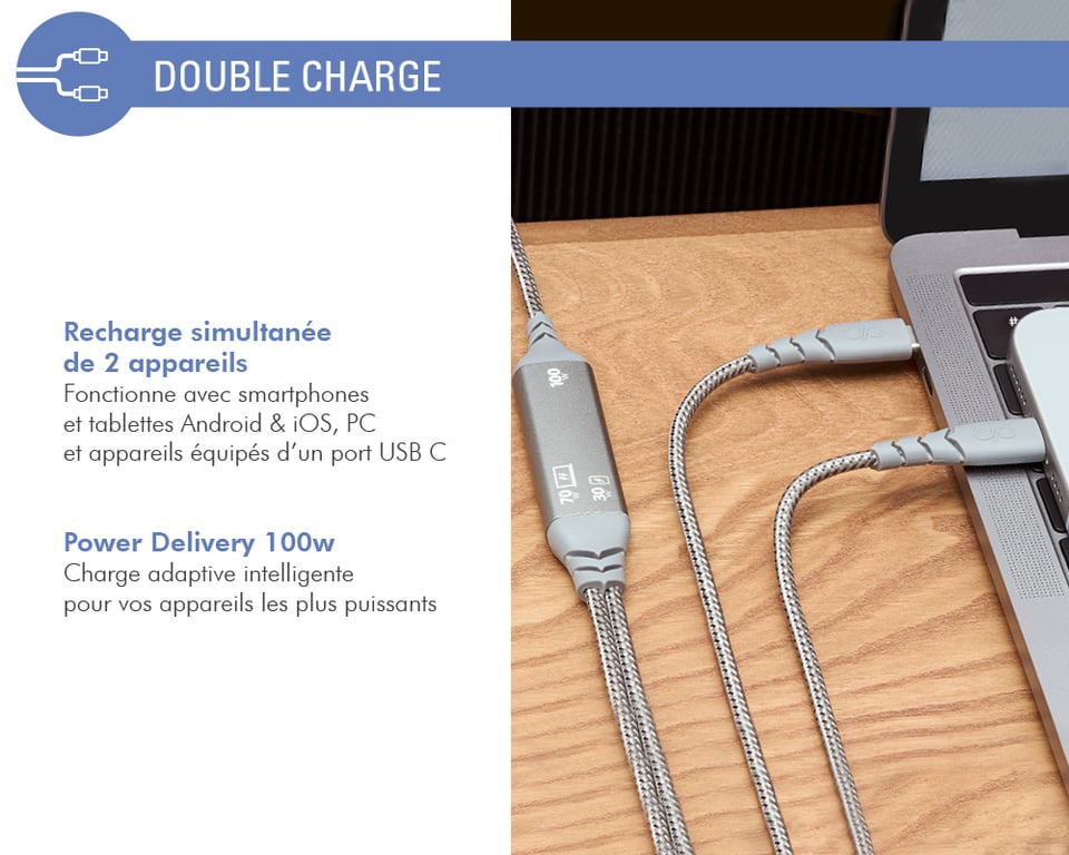 Câble Duo Ultra renforcé USB CUSB C Force Power + USB C 2 - vue 5