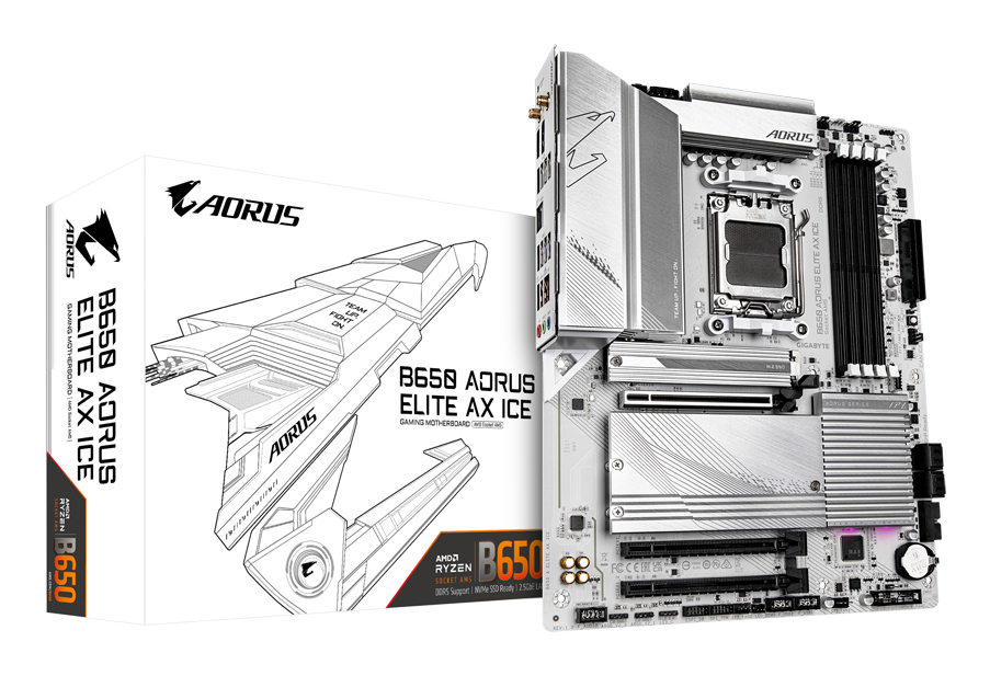 GIGABYTE B650 AORUS ELITE AX ICE Carte mère Compatible avec les processeurs AMD Ryzen 9000 VRM numérique 12+2+2 phases jusqu'à 8000 MHz DDR5 OC 1xPCIe 5.0 + 2xPCIe 4.0 .2 Wi Fi 6E LAN 2.5GbE USB 3.2 Gen 2x2 Neuf - vue 2