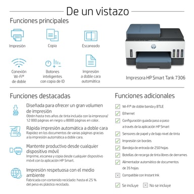 HP Smart Tank Imprimante Tout-en-un 7306, Impression, numérisation, copie, chargeur automatique de documents, sans fil, Chargeur automatique de documents de 35 pages, Numérisation vers PDF, Impression recto-verso