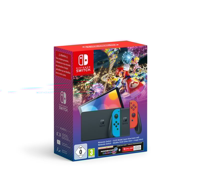 Pack Switch OLED Néon & Mario Kart 8 Deluxe, Bleu, Rouge - Très bon état