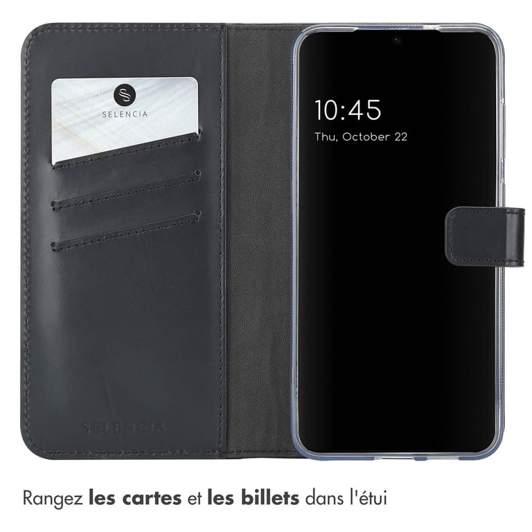 Selencia Étui portefeuille en cuir véritable pour Samsung Galaxy S25 Plus - Noir - Neuf